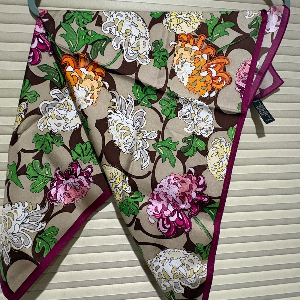 Coach Pink Floral Silk Scarf with Brown Accents
